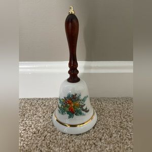 Vintage 1985 AVON Collectible Porcelain Christmas Bell With Wooden Handle EUC